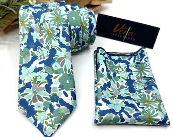 Floral Men's Necktie: Sage Green & Navy Blue Wedding Tie
