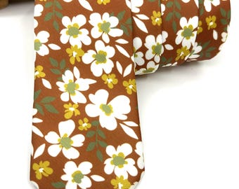 Burnt Orange Floral Necktie: Copper Rust Wedding Tie