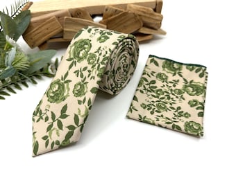 Olive Green Floral Necktie: Wedding Groomsmen Tie