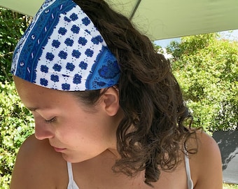 Fichu, Badana, Foulard Élastiqué Bleu & Blanc | Headband Femme Style Bohème Chic | Bandeau Cheveux Confortable Fait Main