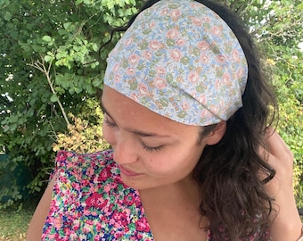 Bandeau large cheveux fleuri en coton, accessoire cheveux femme bohème, cadeau fait main, bandeau de fitness, bandeau de yoga