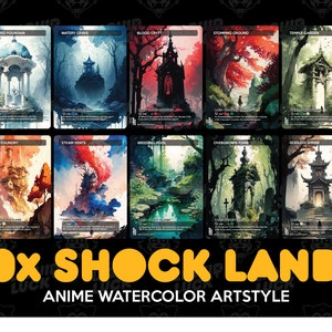 Anime Watercolor Proxy Shock Lands Set - MTG Proxy Shock Lands Set for Commander EDH/cEDH - Hallowed Fountain, Watery Grave, Blood Crypt