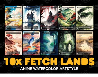 Anime Watercolor Proxy Fetch Lands Set - MTG Proxy Fetch Lands Set for Commander EDH/cEDH - Flooded Strand, Polluted Delta, Wooded Foothill