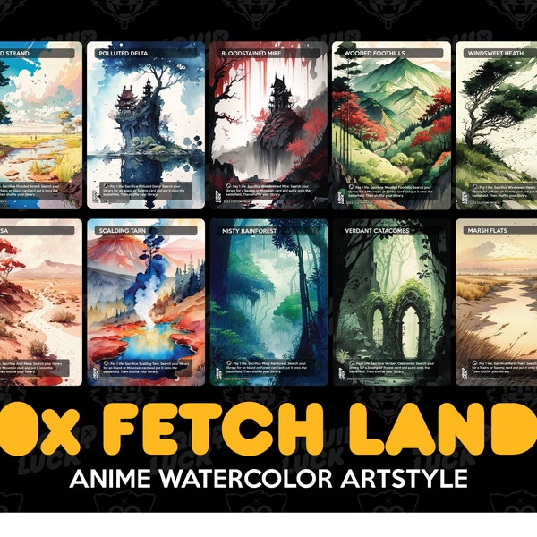 Anime Watercolor Proxy Fetch Lands Set - MTG Proxy Fetch Lands Set for Commander EDH/cEDH - Flooded Strand, Polluted Delta, Wooded Foothill