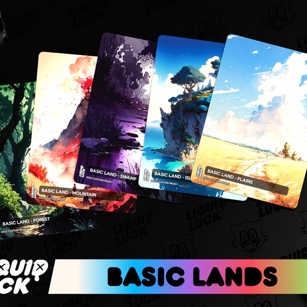 Ensemble de 20 terres de base pour MTG - Art aquarelle anime style Mtg Full Art Basic Lands proxys - plaines, île, marais, montagne, forêt