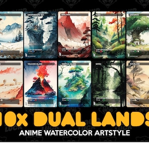 Anime Watercolor Proxy Dual Lands Set - MTG Proxy Dual Lands Set for Commander EDH/cEDH - Tundra, Underground Sea, Tropical/Volcanic Island