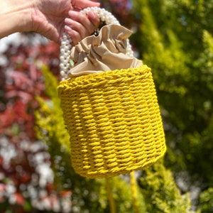 Handmade Stylish Straw Pearl Bag, Fashion bag, Pearl Handle Bag, Pearl Tote Straw Bag