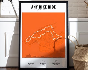 Any Ride, Strava Route, Tracked Ride  | Personalised | Cycling | Custom Cycling Map Print | Cycling Art