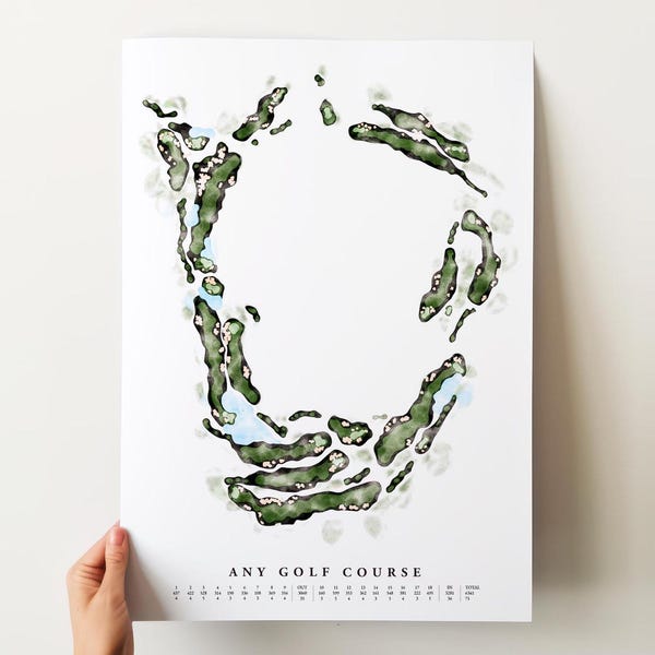 Stampa artistica personalizzata con mappa del campo da golf in acquerello: regalo personalizzato per golfisti