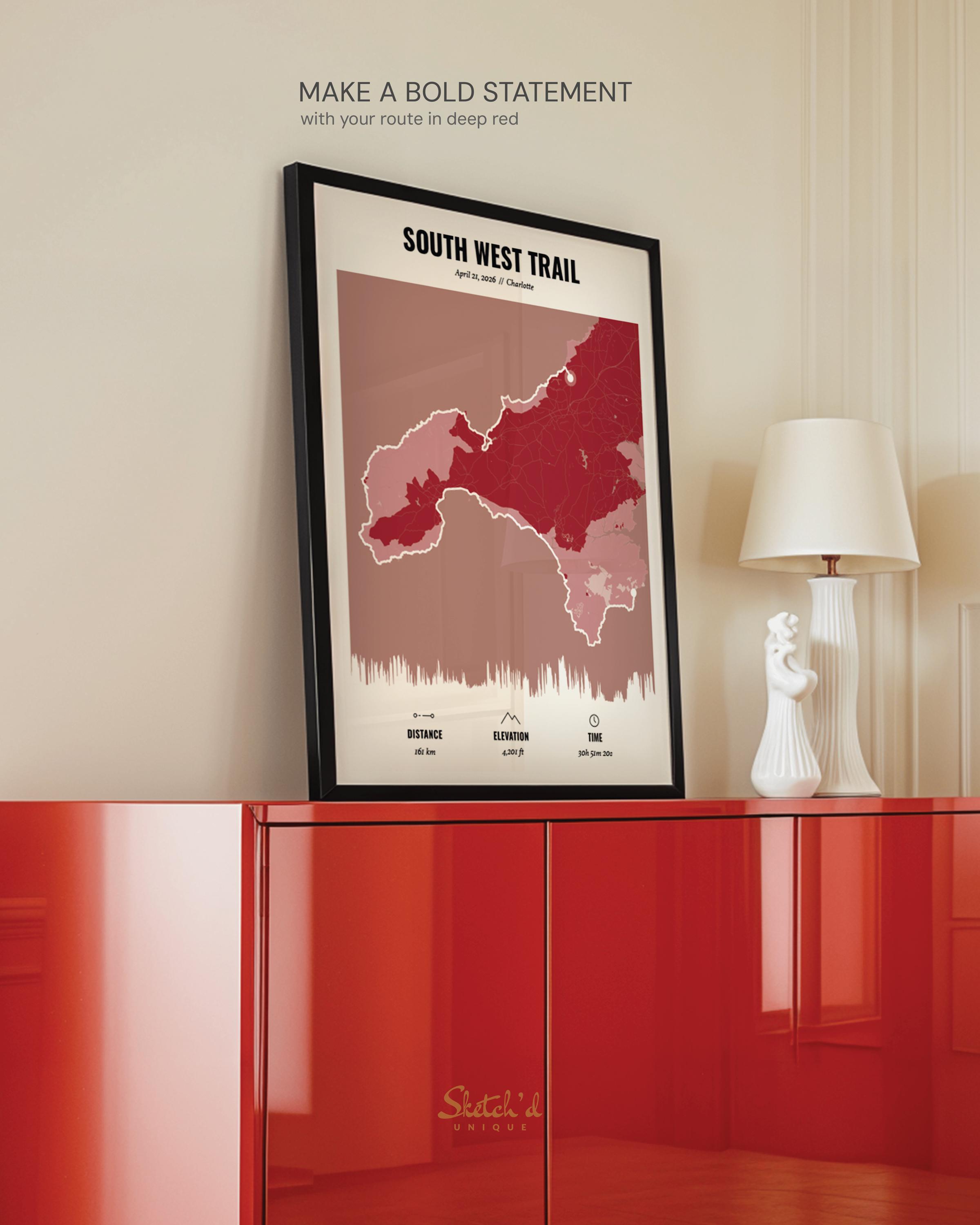 Personalised Deep Red Route Map | Custom Run, Ride & Hike Print ...