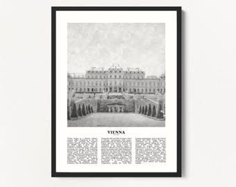 May include: Black framed print featuring a grayscale image of a grand building with a symmetrical facade, likely a palace or government building. The word "VIENNA" is printed in a bold font below the image, with descriptive text beneath.