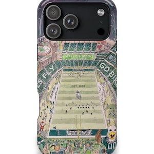 May include: A phone case featuring a detailed illustration of a football stadium with the words "Eagles" and "Go Birds" visible. The case has a dark green and black border and a camera cutout.