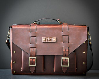 Leather Briefcase - Brown - Black - Solid brass - Satchel - Commuter bag - Full grain leather - portfolio bag