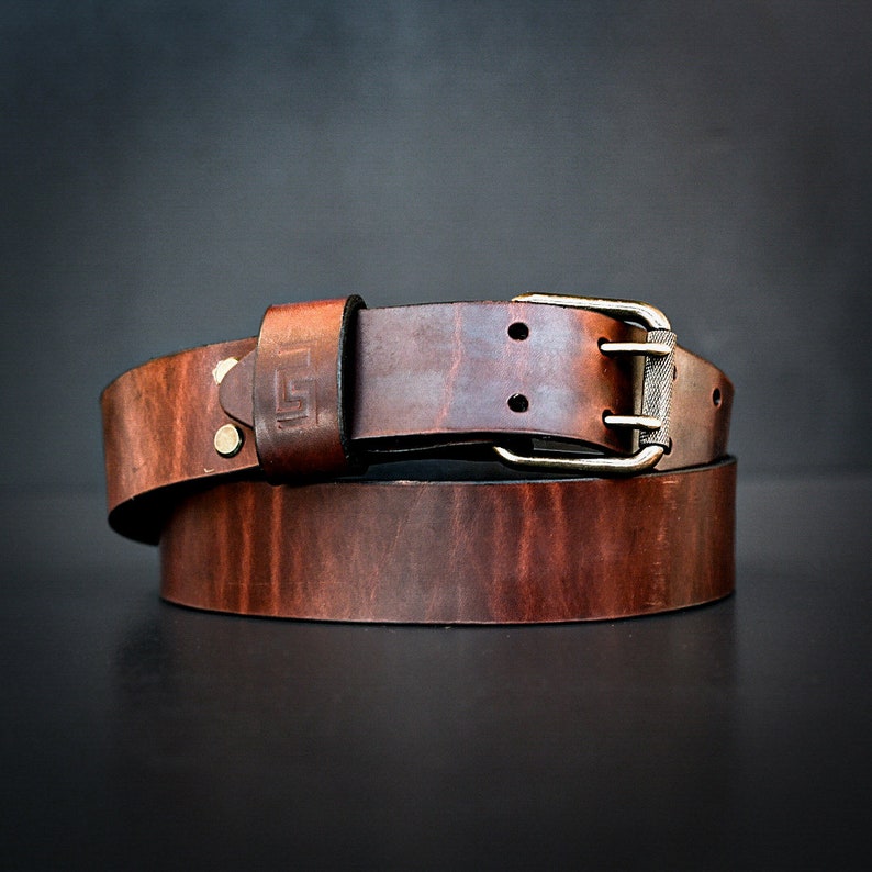 Stitch Mountain Belt Distressed Brown Leather Belt Rugged leather belt Pull-up leather belt double tongue belt image 1