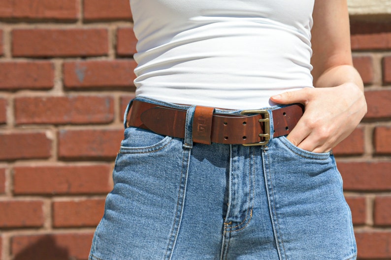 Stitch Mountain Belt Distressed Brown Leather Belt Rugged leather belt Pull-up leather belt double tongue belt image 4