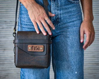 Mini Satchel Leather Purse - Brown Black Gray Crossbody Leather Bag - Leather Clutch - Leather Wood Solid Brass - Crossbody Adjustable Strap