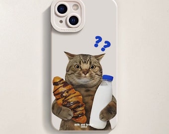 Custom Universell Anti-Fall Handyhülle Kreatives iPhone 14 13 12 11 SE Personalisiert Katze mit Milch und Brot in der Hand