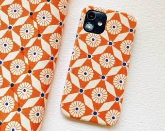 Retro Orangefarbene Blumen und geometrische Muster iPhone 15 14 13 12 11 Custom Universell Handyhülle personalisiertes Geschenk