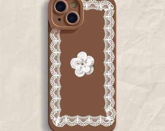 Encaje y flores iPhone 15 14 13 12 11 Funda de teléfono universal personalizada Regalo personalizado Estilo francés retro