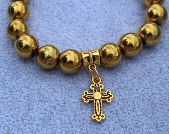 Gold Hematite Gemstone Bead stretch Bracelet with cross