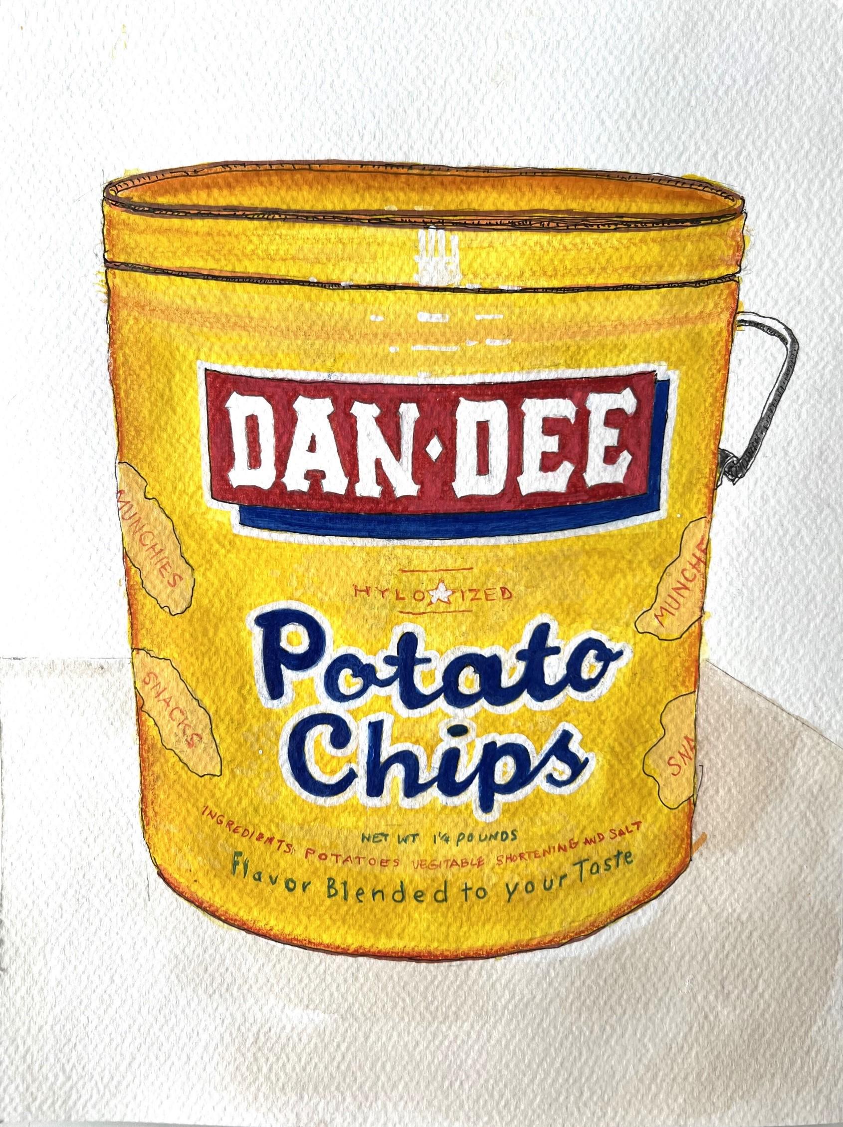 May include: Watercolor painting of a yellow Dan-Dee Potato Chips container. The container has a red and blue label with the brand name. The text "Potato Chips" is in blue. The net weight is 1.4 pounds.