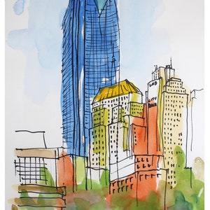 May include: Watercolor painting of a city skyline with tall buildings. The tallest building is blue and has a pointed top. The other buildings are yellow, orange, and brown. The painting is done in a loose, expressive style.