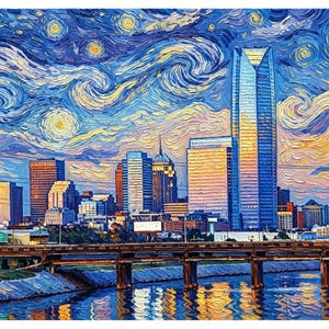 May include: A vibrant oil painting style print of the Oklahoma City skyline at dusk. The scene features the Devon Tower and surrounding buildings under a swirling, starry night sky in shades of deep blue, yellow, and orange, with a bridge.
