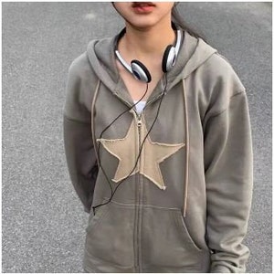 Y2k Zip up Hoodie Star Patch Cotton Women Loose Tops Punk - Etsy