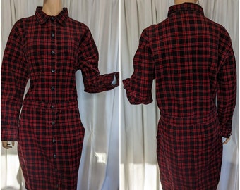 Vintage Corduroy Dress from the 1990s Red and Black Plaid, Cotton, Long Sleeve, Button Down, Brand Fads, Size Large