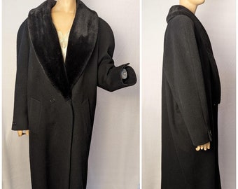 Women's Size Large Vintage Black Coat Made in the 1980s Jones New York Faux Fur Overcoat Fur Trim Long Coat