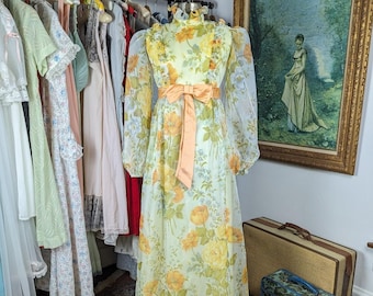 Vintage Yellow Floral Prom Dress from the 1970s, Size Small