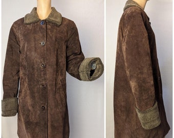 Vintage Leather Peacoat from the 1990s by Bagatelle, Dark Brown, Lined Collar and Cuffs, Women's Size Medium