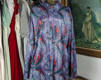 Vintage Silky Purple Blouse from the 1980s Paisley Pattern, Button Down Shirt, Size 3x, Collared