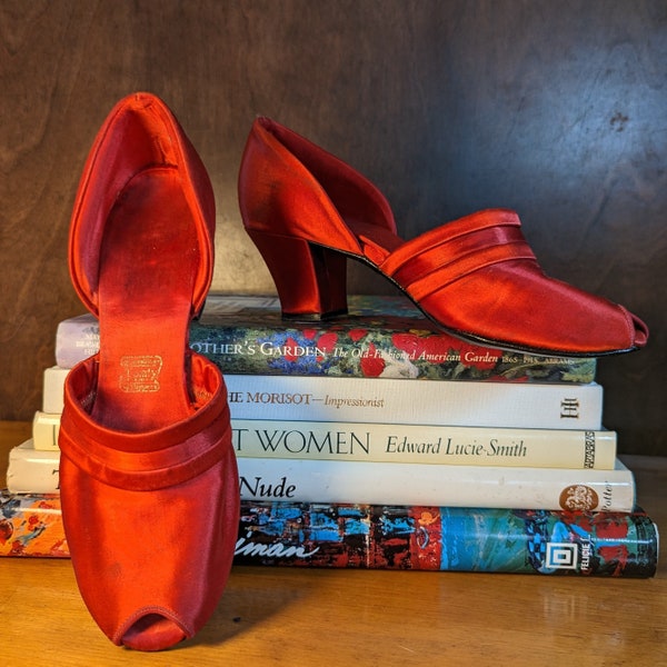 Vintage 1940s Red Satin Slippers by Daniel Green