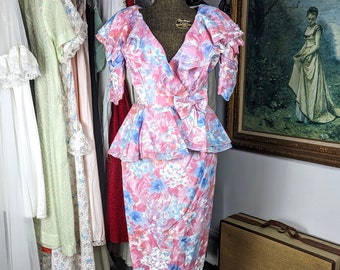 Size Small Vintage Peplum Blouse and Skirt Set from the 1980s Pink and Blue, Wrap Top, Ruffles