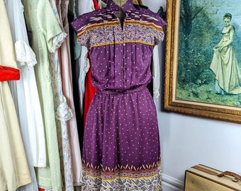 Vintage Plum Sheer Dress from the 1970s, Belted, Short Sleeves, Size Medium