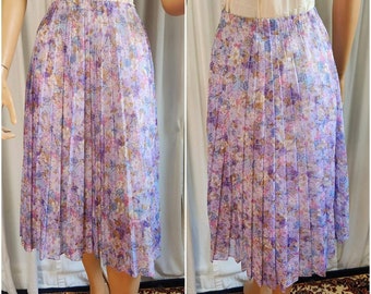 Vintage Sheer Floral Skirt from the 1970s, by California Girl, Purple, Size Medium, Pleated