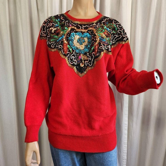 80’s Heavily Beaded Black Gold Crewneck Sweater by Victoria Harbour main image 1