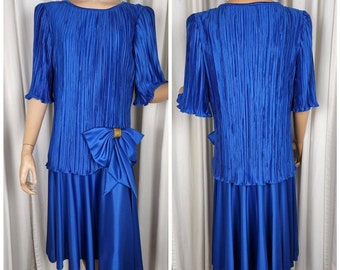 Vintage Silky Drop Waist Dress from the 1980s Blue Short Sleeve Knee Length, Brand After Dark, Size Large