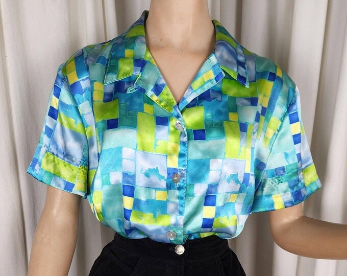 Vintage 90s Green Blue Black Geometric Pattern Fun Blouse 8 10 S