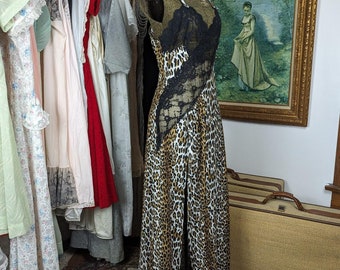 Vintage Fredrick's of Hollywood Leopard Print Nightgown from the 1990s, Sleeveless, Lace, High Slit, Full Length, Size Large