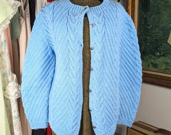 Vintage Hand-knit Cable Knit Cardigan / Baby Blue and White