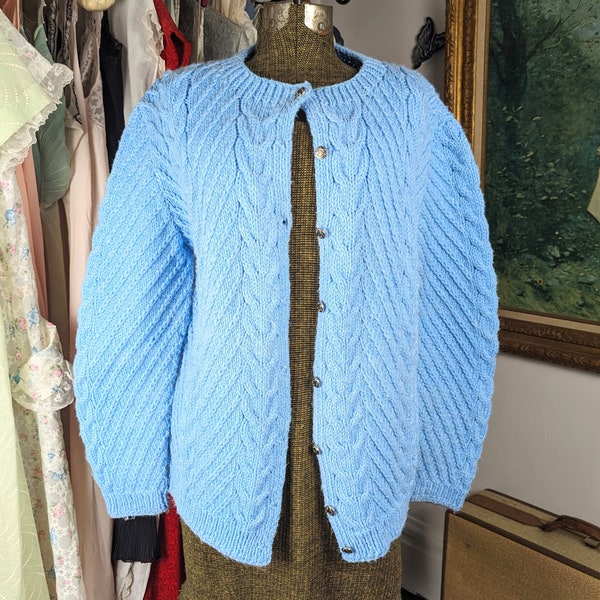Vintage Cardigan, Baby Blue, Handmade, Acrylic, Knit Sweater, Button Down, Size Large
