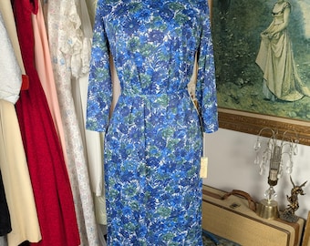 Vintage Blue Floral Dress from the 1960s by Carol Brent, Size Large
