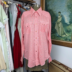 May include: A red and white gingham long-sleeve button-down shirt with a pointed collar and two chest pockets.