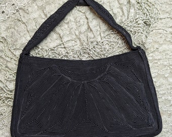 Vintage Purse Black Handbag Corded from the 1940s Unique Purse Short Strap