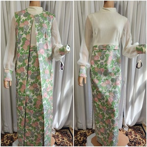 Vintage Dress and Duster Set from the 1970s with Original Tags, Floral Green and Pink, Size Large