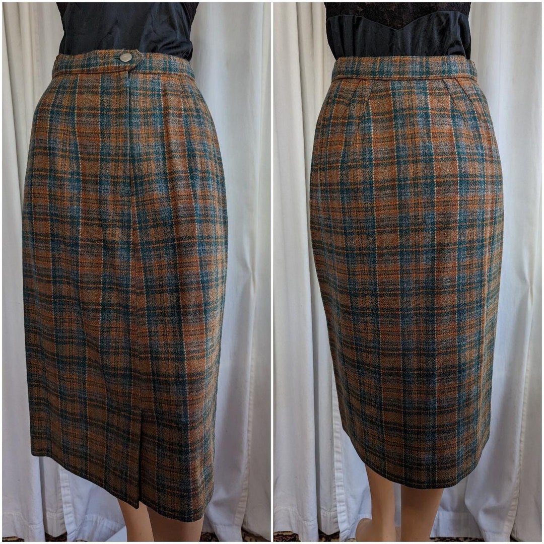 70s Villager Wool Plaid Straight Skirt + Pockets SZ 8
