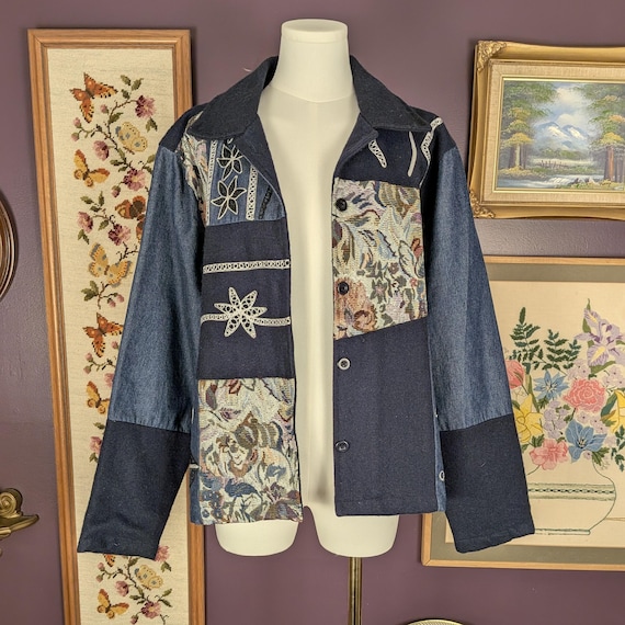 Vintage Patchwork Wool and Denim Jacket from the … - image 1