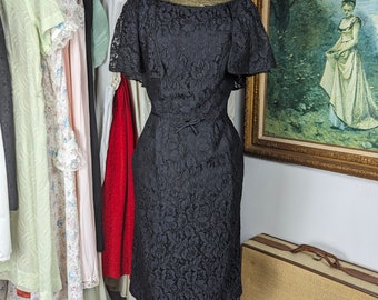 Vintage Black Lace Dress from the 1960s Capelet, Short Sleeve, Knee Length, Fitted, Black Tie, Size Medium